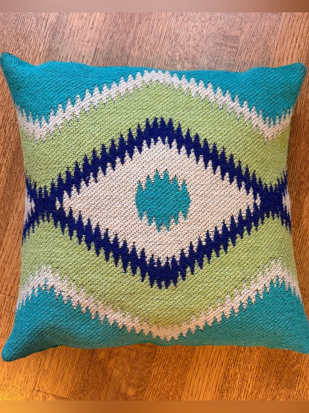 Pier 1 Imports Ikat Hooked Needlepoint Throw Pillow Teal Green Boho Medallion